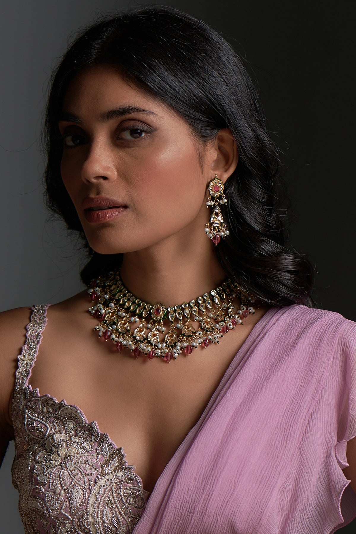 Gold Finish Kundan Polki Meenakari Necklace Set