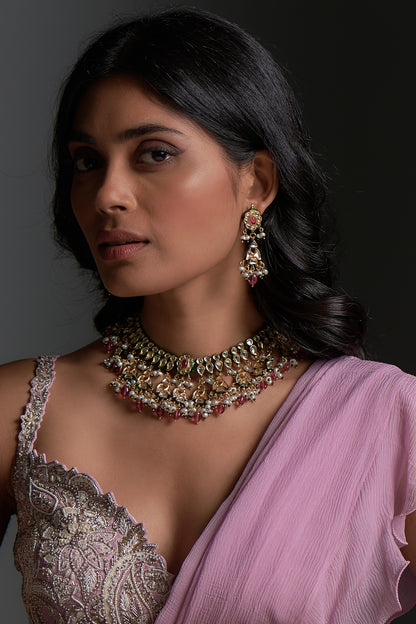 Gold Finish Kundan Polki Meenakari Necklace Set