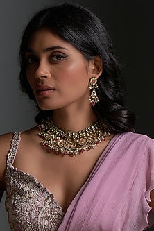 Gold Finish Kundan Polki Meenakari Necklace Set