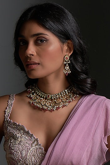 Gold Finish Kundan Polki Meenakari Necklace Set