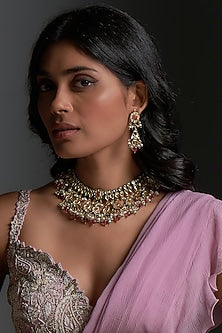 Gold Finish Kundan Polki Meenakari Necklace Set