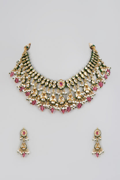 Gold Finish Kundan Polki Meenakari Necklace Set