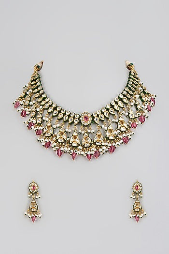 Gold Finish Kundan Polki Meenakari Necklace Set