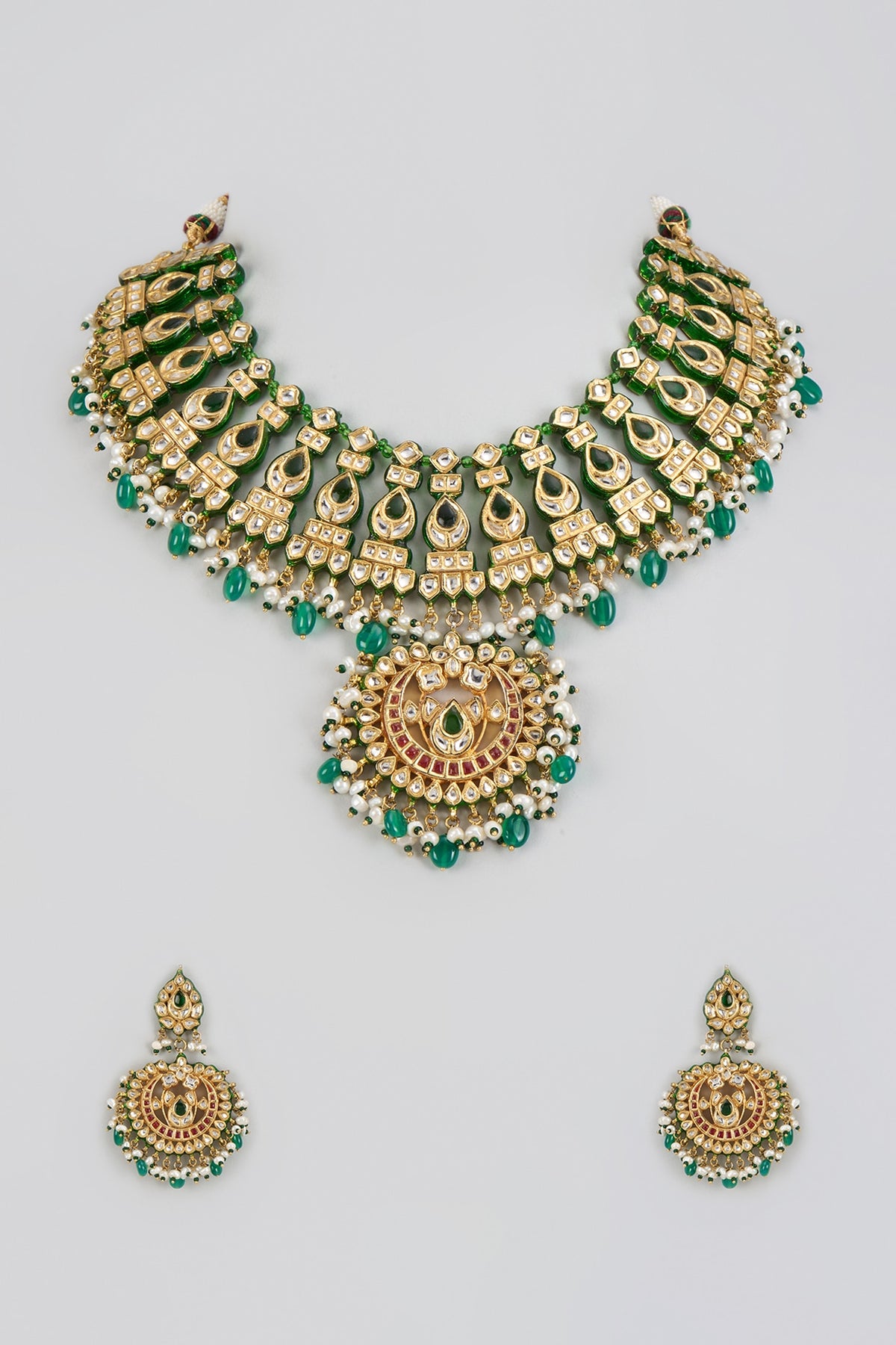Gold Finish Kundan Polki & Green Drop Necklace Set