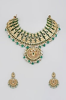 Gold Finish Kundan Polki & Green Drop Necklace Set