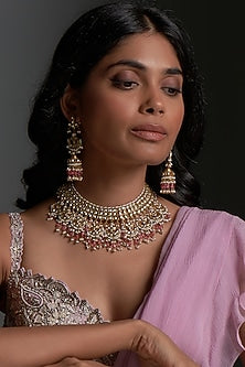 Gold Finish Kundan Polki & Pink Drop Choker Necklace Set