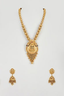 Gold Finish Kundan Polki Temple Long Necklace Set