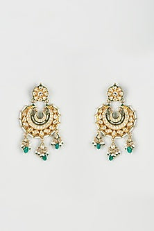 Gold Finish Green Beaded & Kundan Polki Chandbali Earrings