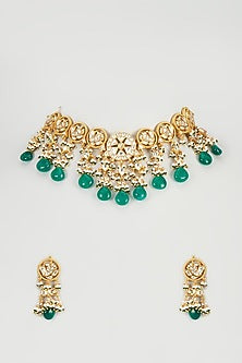 Gold Finish Kundan Polki & Green Beaded Choker Necklace Set