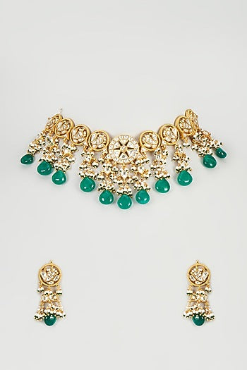 Gold Finish Kundan Polki & Green Beaded Choker Necklace Set