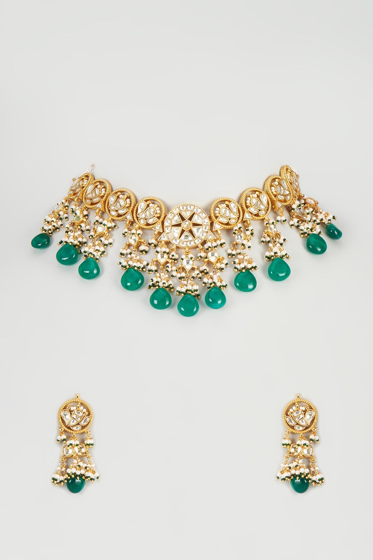 Gold Finish Kundan Polki & Green Beaded Choker Necklace Set