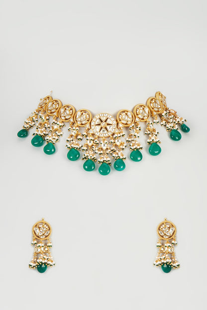 Gold Finish Kundan Polki & Green Beaded Choker Necklace Set