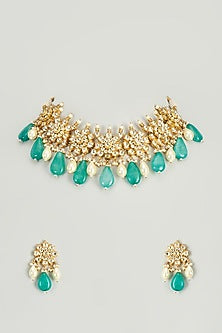 Gold Finish Kundan Polki & Green Beaded Choker Necklace Set
