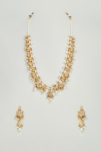 Gold Finish White Kundan Polki & Pearl Necklace Set