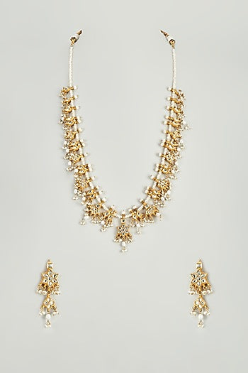 Gold Finish White Kundan Polki & Pearl Necklace Set