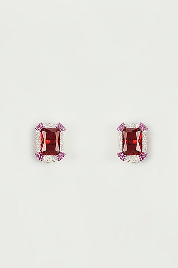 Silver Finish Zircon & Red Stone Stud Earrings