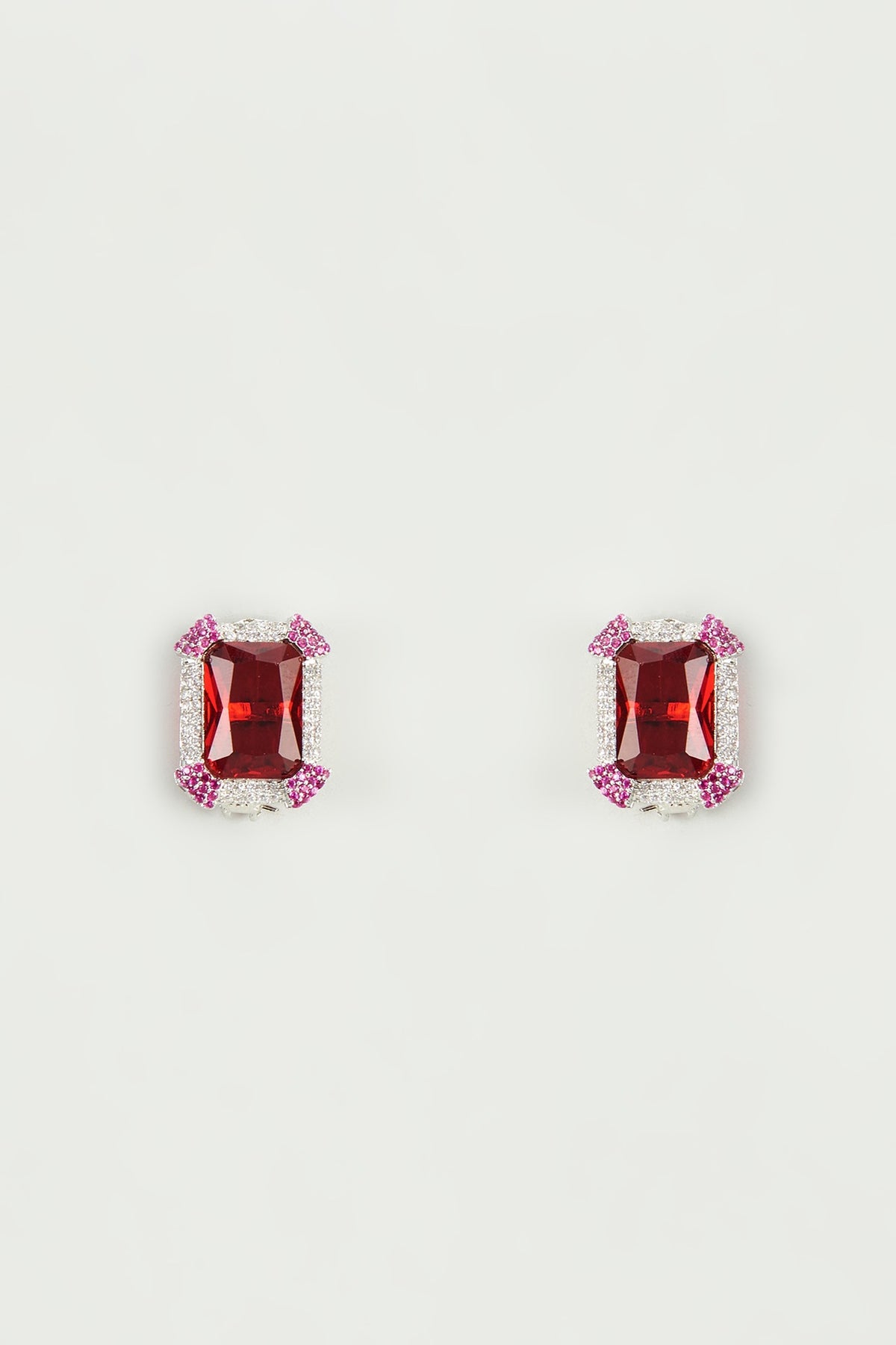 Silver Finish Zircon & Red Stone Stud Earrings