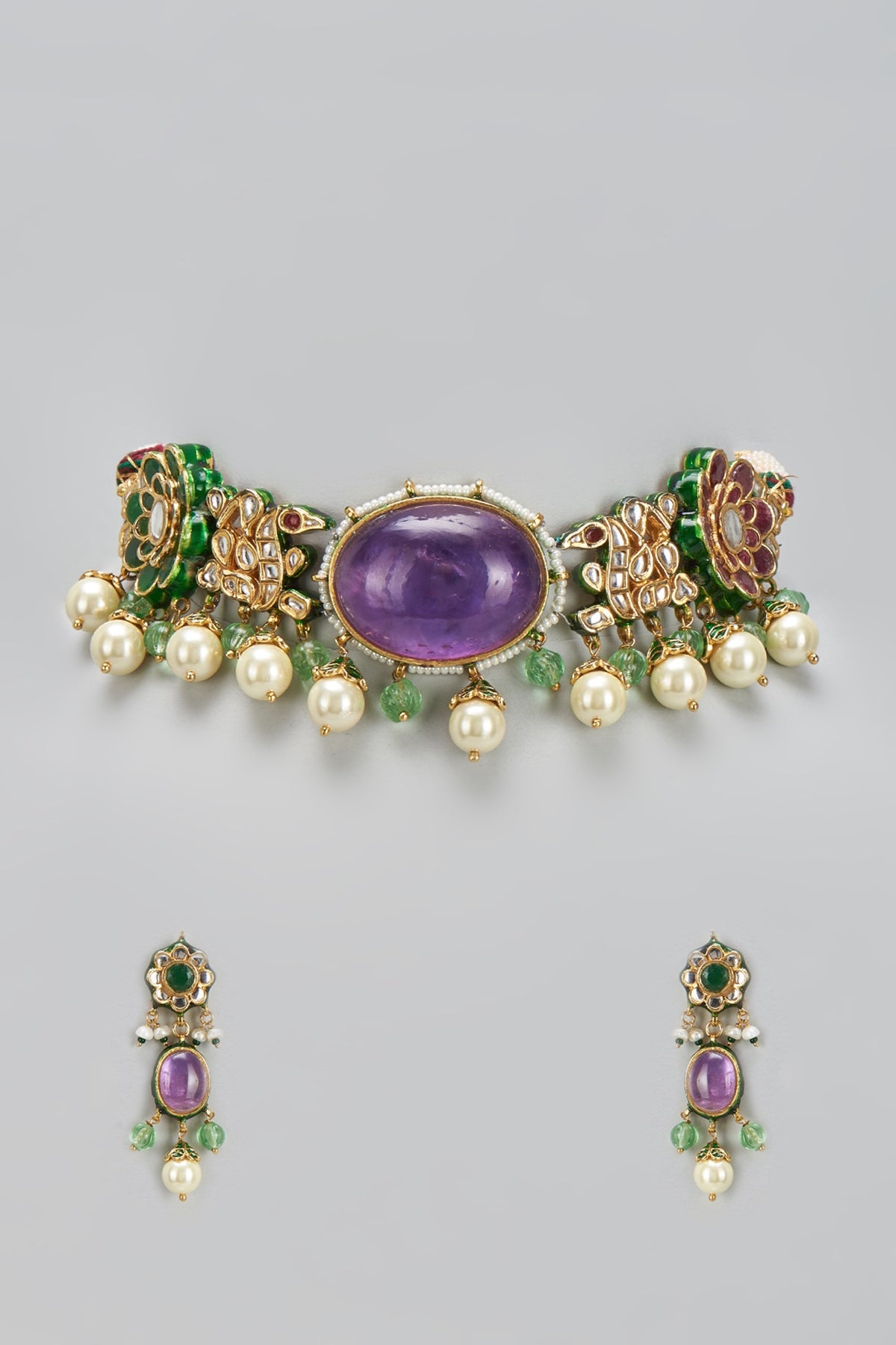 Gold Finish Purple Kundan Polki & Pearl Choker Necklace Set