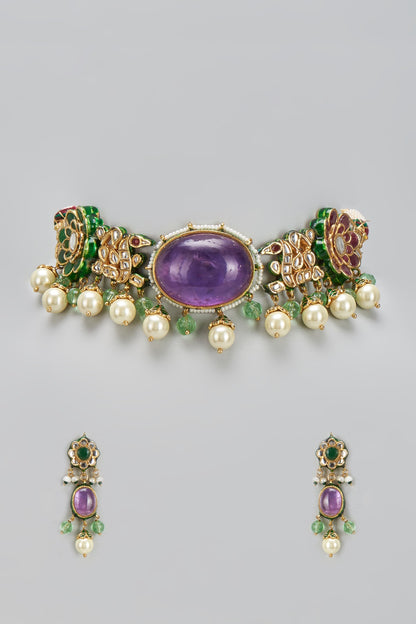 Gold Finish Purple Kundan Polki & Pearl Choker Necklace Set