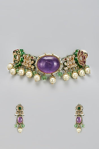 Gold Finish Purple Kundan Polki & Pearl Choker Necklace Set