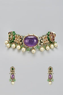 Gold Finish Purple Kundan Polki & Pearl Choker Necklace Set