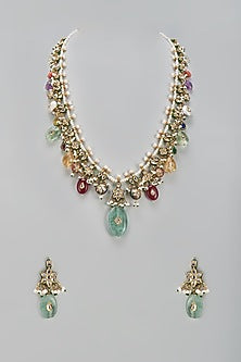 Gold Finish Kundan Polki Long Necklace Set