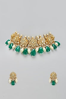 Gold Finish Kundan Polki & Green Beaded Choker Necklace Set