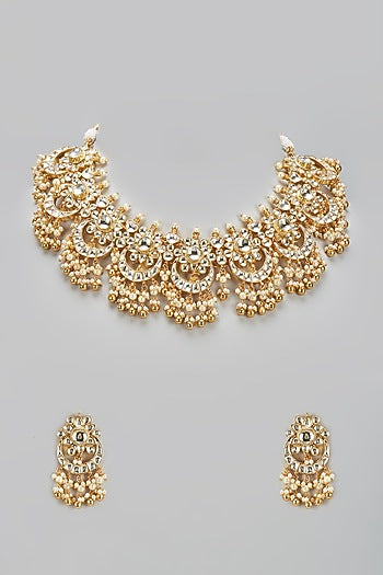 Gold Finish Kundan Polki & Pearl Choker Necklace Set