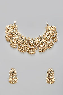 Gold Finish Kundan Polki & Pearl Choker Necklace Set