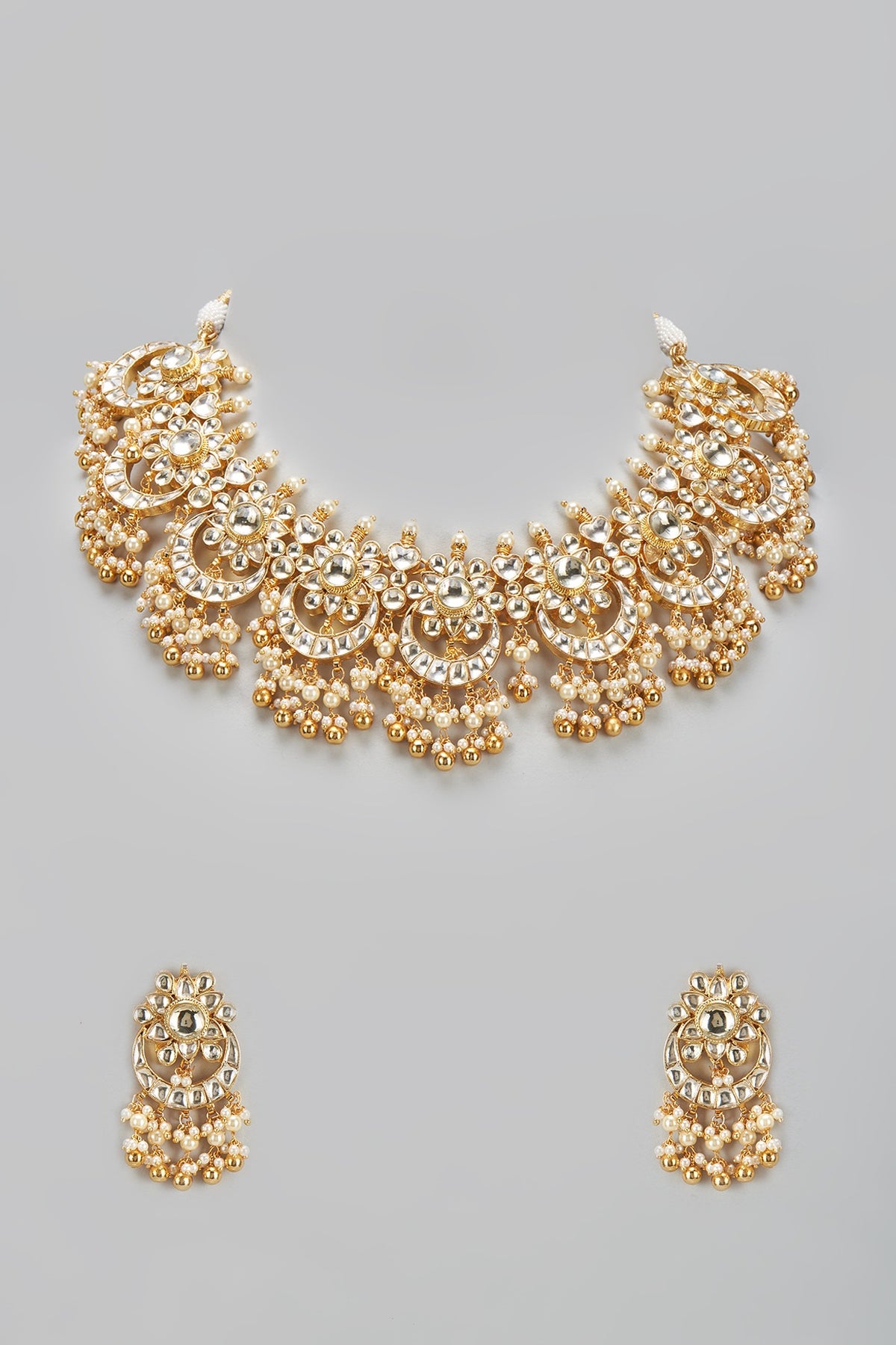 Gold Finish Kundan Polki & Pearl Choker Necklace Set