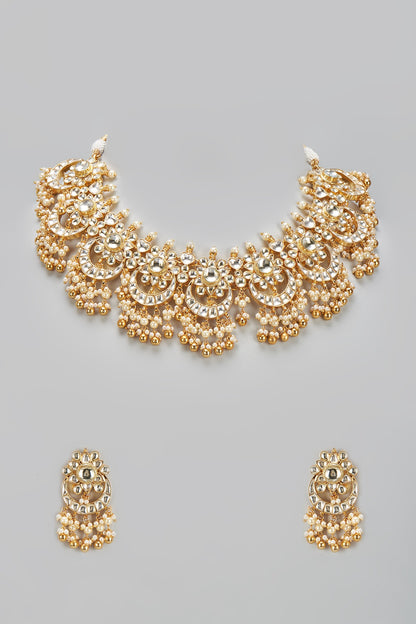 Gold Finish Kundan Polki & Pearl Choker Necklace Set