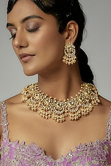 Gold Finish Kundan Polki & Pearl Choker Necklace Set