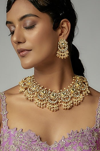 Gold Finish Kundan Polki & Pearl Choker Necklace Set