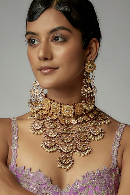 Gold Finish Kundan Polki Choker Necklace Set