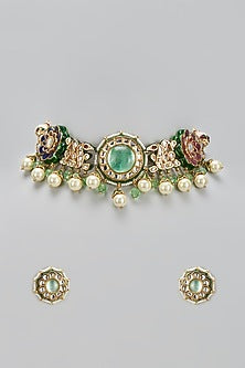 Gold Finish Green Kundan Polki & Pearl Choker Necklace Set