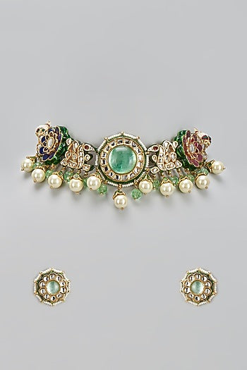 Gold Finish Green Kundan Polki & Pearl Choker Necklace Set
