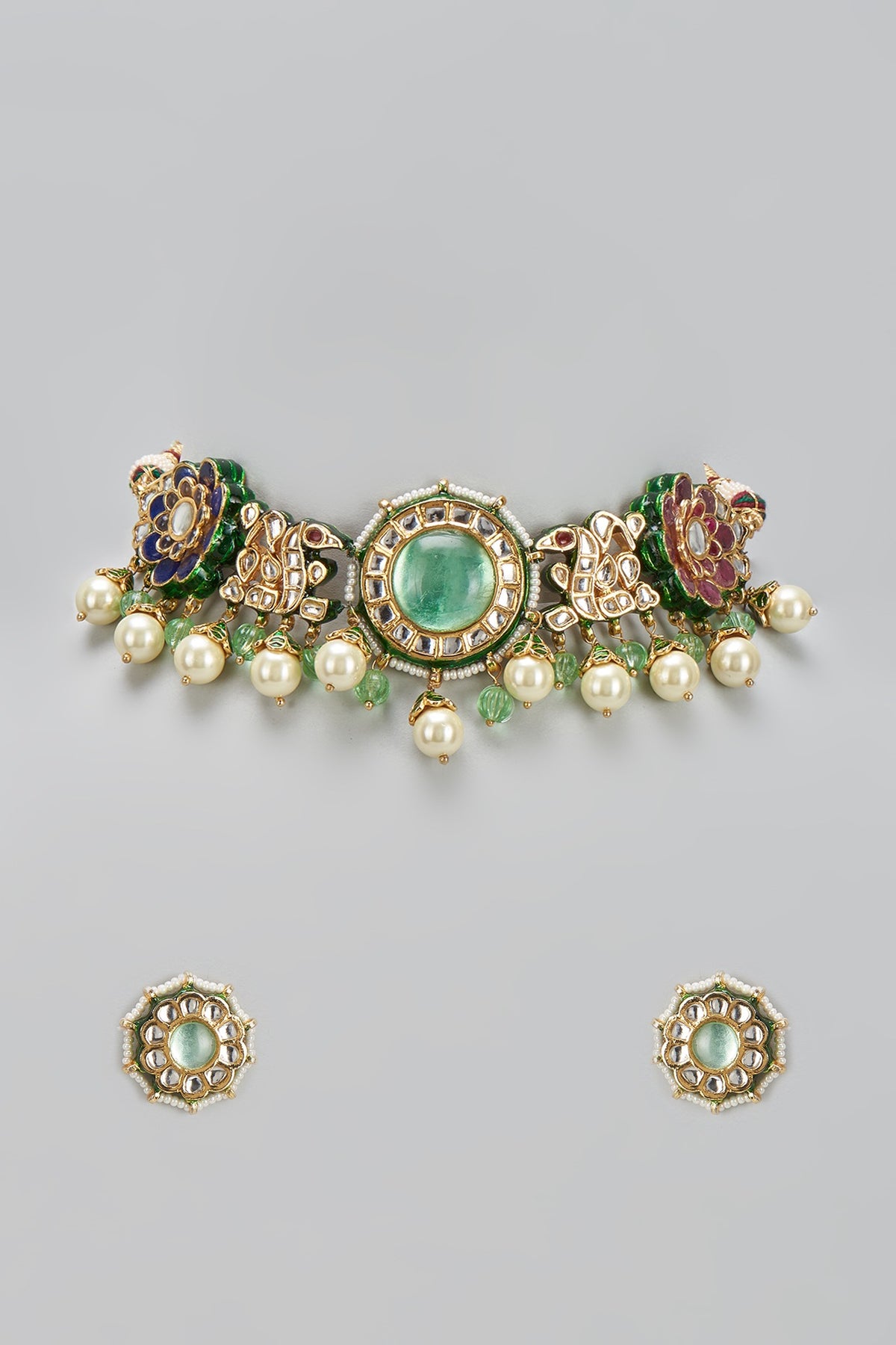 Gold Finish Green Kundan Polki & Pearl Choker Necklace Set