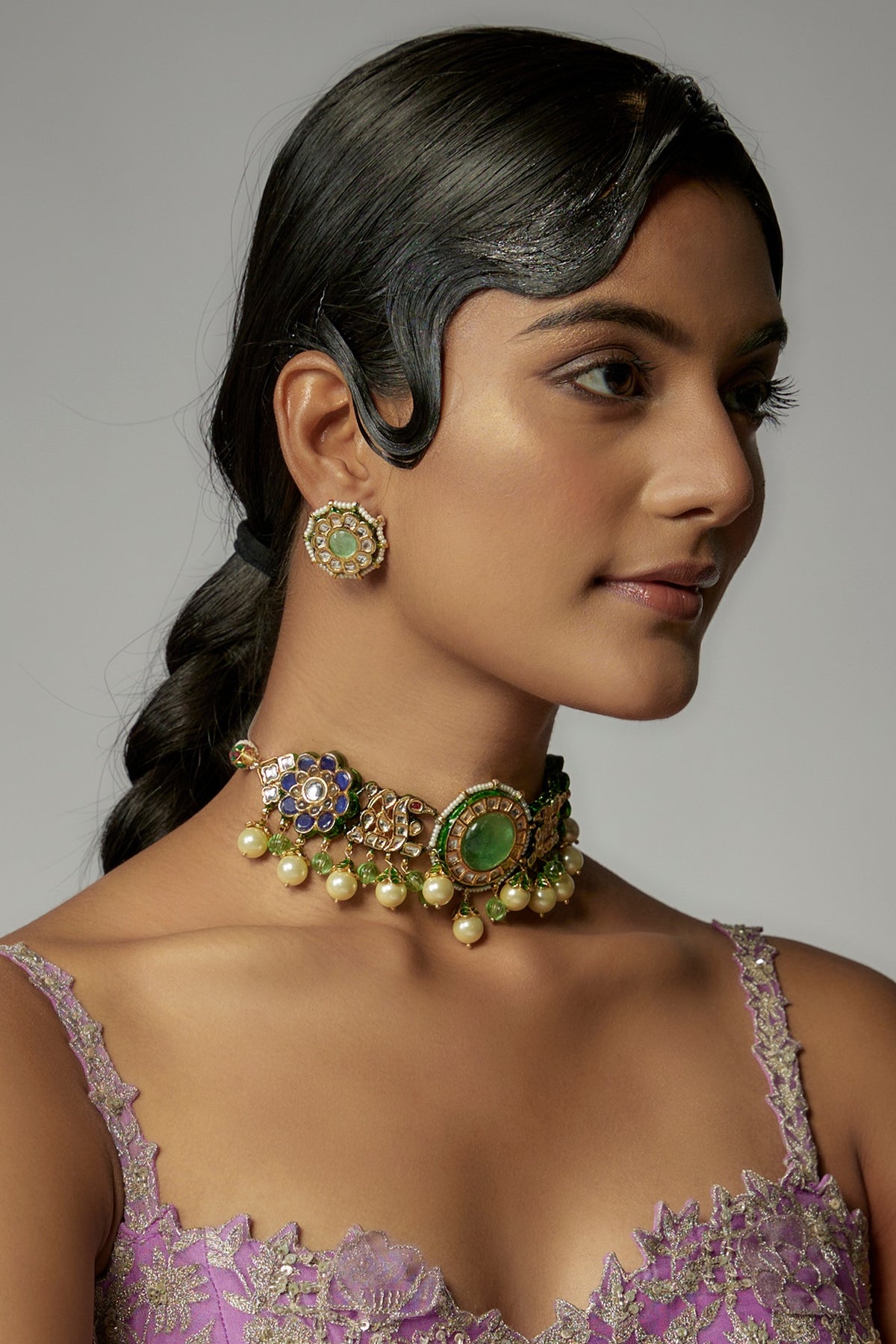 Gold Finish Green Kundan Polki & Pearl Choker Necklace Set