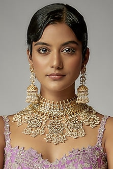 Gold Finish Kundan Polki & Pearl Choker Necklace Set