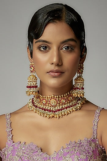 Gold Finish Kundan Polki Choker Necklace Set