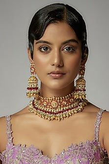Gold Finish Kundan Polki Choker Necklace Set