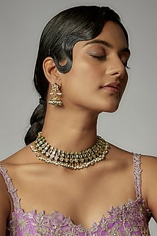 Gold Finish Kundan Polki Choker Necklace Set