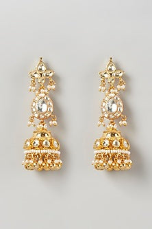 Gold Finish Kundan Polki & Pearl Jhumka Earrings