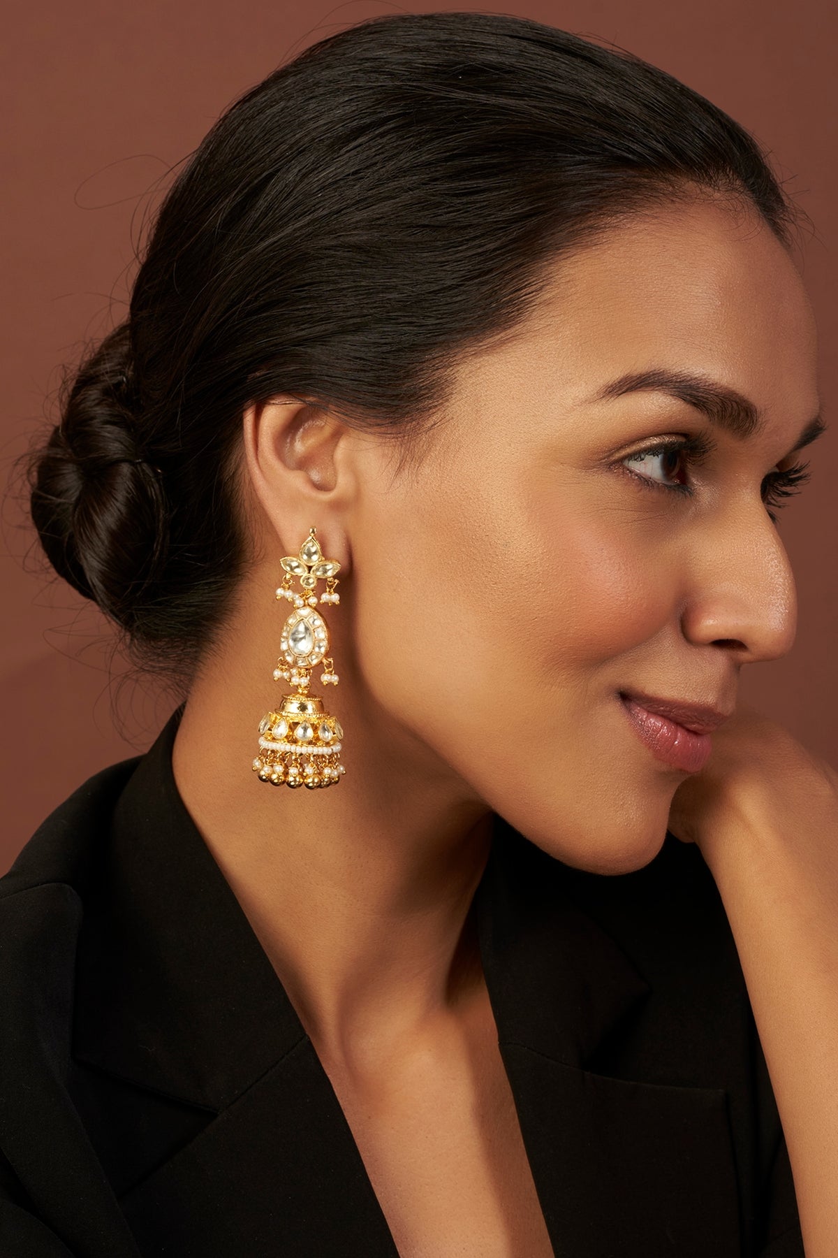 Gold Finish Kundan Polki & Pearl Jhumka Earrings