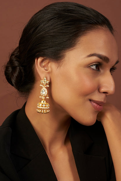 Gold Finish Kundan Polki & Pearl Jhumka Earrings