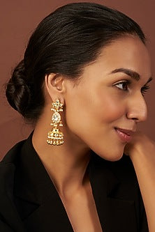 Gold Finish Kundan Polki & Pearl Jhumka Earrings