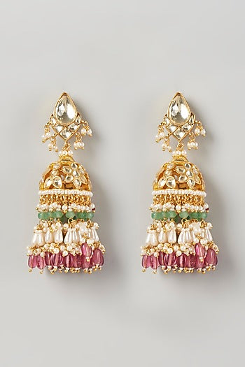 Gold Finish Kundan Polki Jhumka Earrings