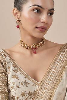 Gold Finish Kundan Polki & Ruby synthetic Stone Choker Necklace Set