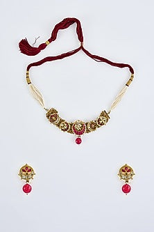 Gold Finish Kundan Polki & Ruby synthetic Stone Choker Necklace Set