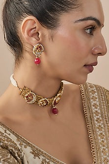 Gold Finish Kundan Polki & Ruby synthetic Stone Choker Necklace Set